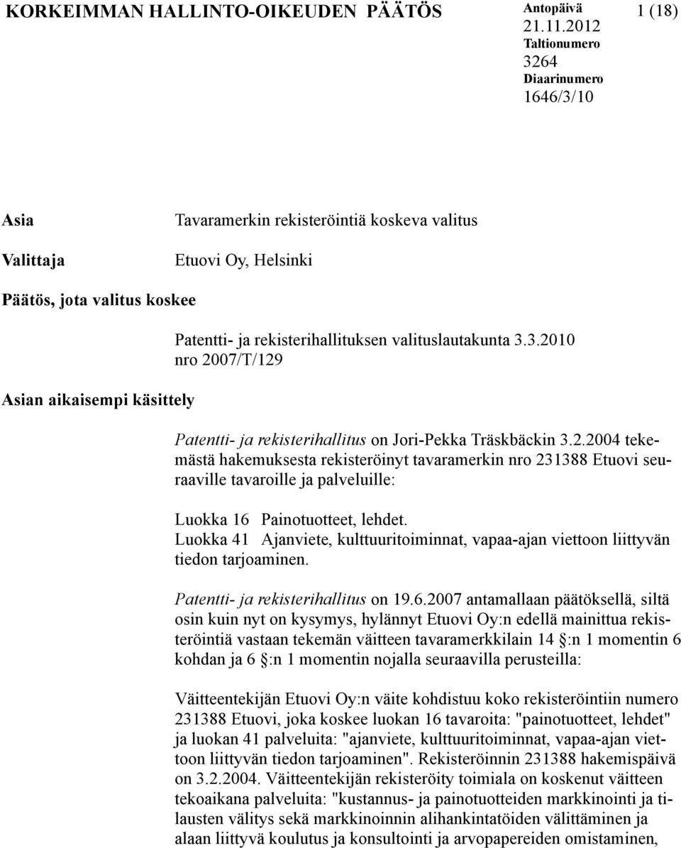 rekisterihallituksen valituslautakunta 3.3.2010 nro 2007/T/129 Patentti- ja rekisterihallitus on Jori-Pekka Träskbäckin 3.2.2004 tekemästä hakemuksesta rekisteröinyt tavaramerkin nro 231388 Etuovi seuraaville tavaroille ja palveluille: Luokka 16 Painotuotteet, lehdet.
