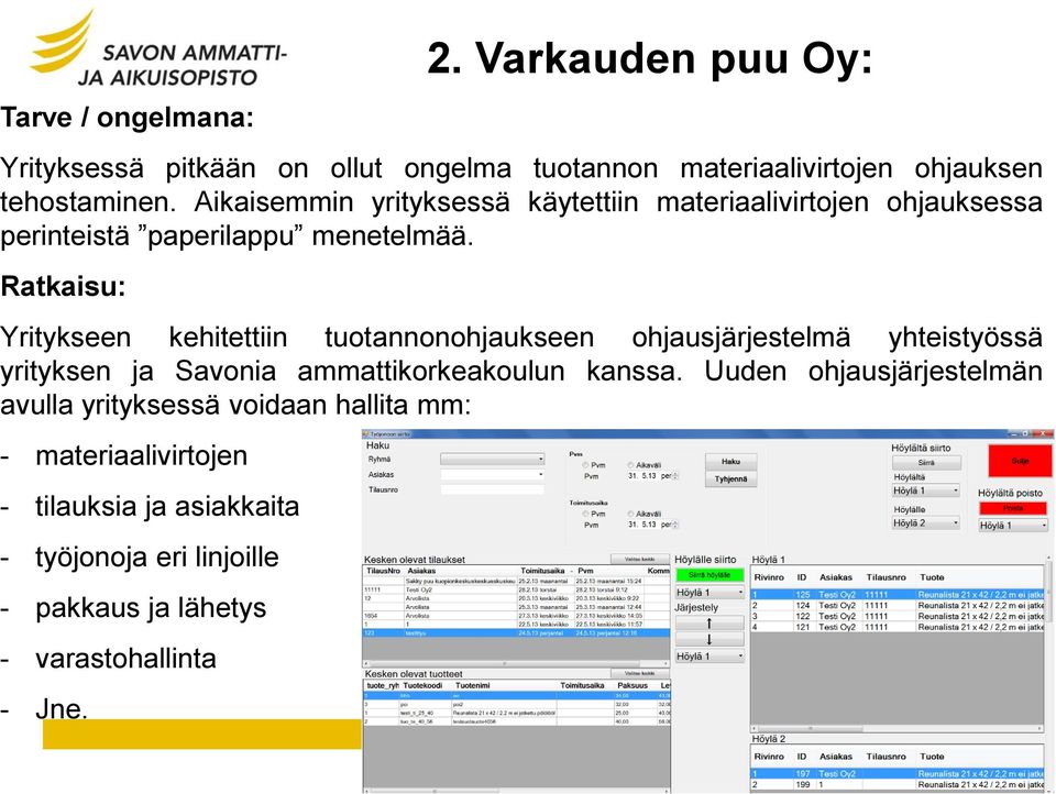 Ratkaisu: Yritykseen kehitettiin tuotannonohjaukseen ohjausjärjestelmä yhteistyössä yrityksen ja Savonia ammattikorkeakoulun kanssa.
