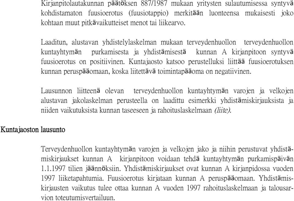 Laaditun, alustavan yhdistelylaskelman mukaan terveydenhuollon terveydenhuollon kuntayhtymän purkamisesta ja yhdistämisestä kunnan A kirjanpitoon syntyvä fuusioerotus on positiivinen.