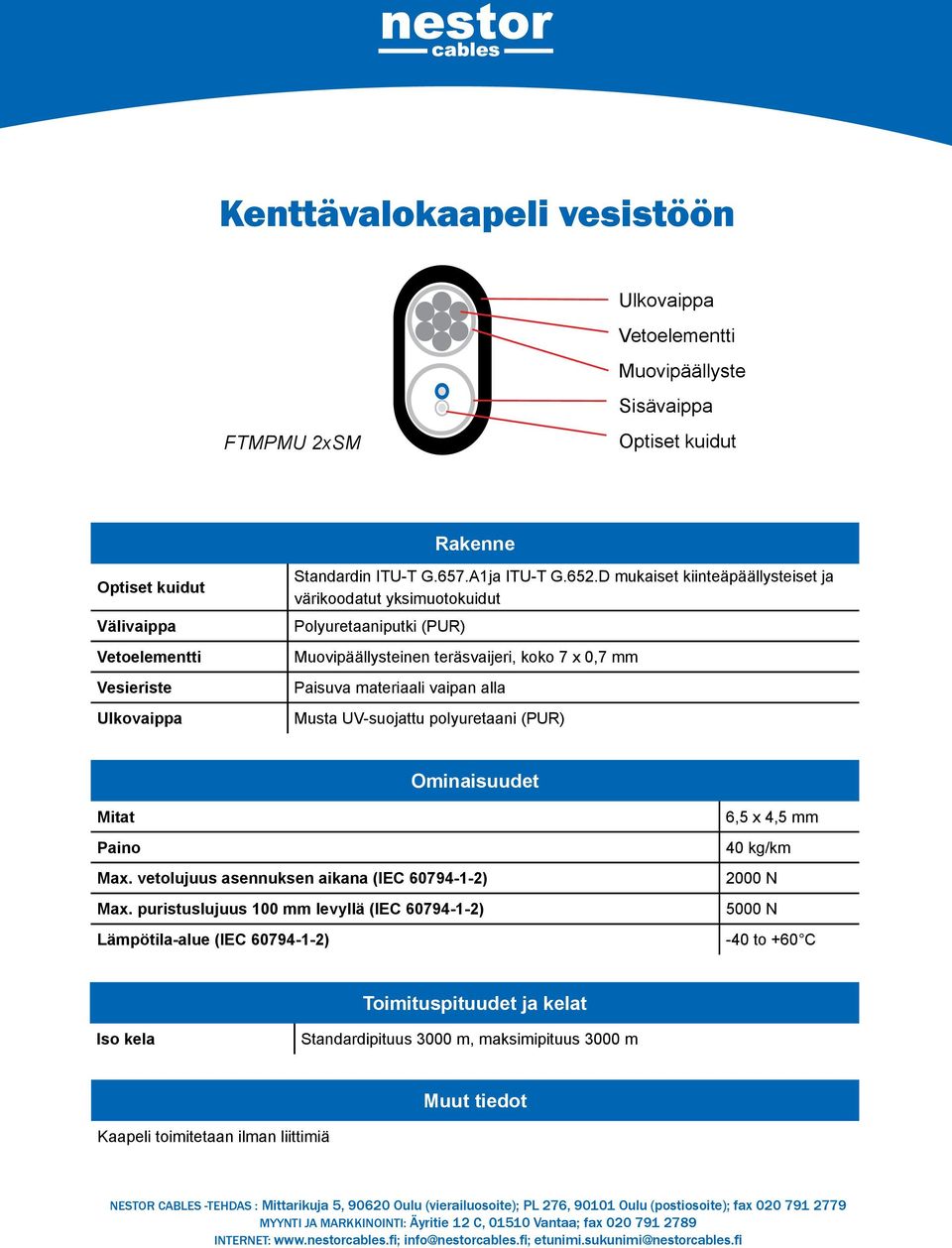 D mukaiset kiinteäpäällysteiset ja värikoodatut yksimuotokuidut Polyuretaaniputki (PUR) Muovipäällysteinen teräsvaijeri, koko 7 x 0,7 mm Paisuva materiaali vaipan alla Musta UV-suojattu