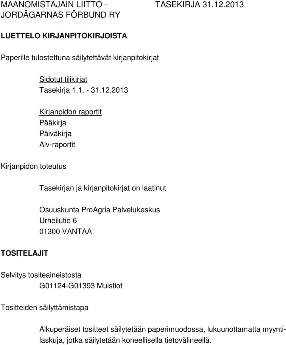 Osuuskunta ProAgria Palvelukeskus Urheilutie 6 01300 VANTAA TOSITELAJIT Selvitys tositeaineistosta G01124-G01393 Muistiot