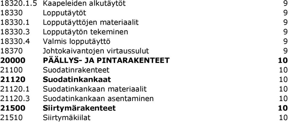 4 Valmis lopputäyttö 9 18370 Johtokaivantojen virtaussulut 9 20000 PÄÄLLYS- JA PINTARAKENTEET 10