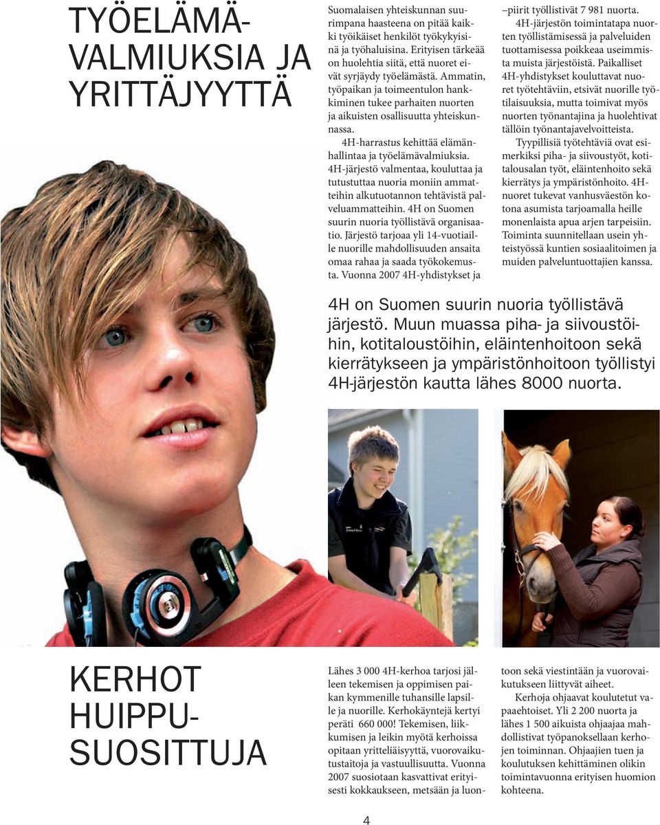4H-harrastus kehittää elämän- hallintaa ja työelämävalmiuksia. 4H-järjestö valmentaa, kouluttaa ja tutustuttaa nuoria moniin ammat- teihin alkutuotannon tehtävistä pal- veluammatteihin.