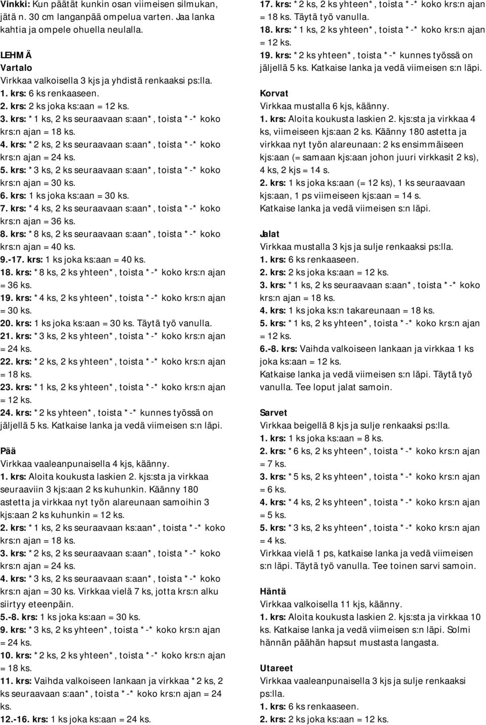 krs: *3 ks, 2 ks seuraavaan s:aan*, toista *-* koko krs:n ajan = 30 ks. 6. krs: 1 ks joka ks:aan = 30 ks. 7. krs: *4 ks, 2 ks seuraavaan s:aan*, toista *-* koko krs:n ajan = 36 ks. 8.