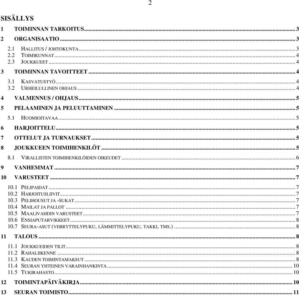 .. 6 9 VANHEMMAT... 7 10 VARUSTEET... 7 10.1 PELIPAIDAT... 7 10.2 HARJOITUSLIIVIT... 7 10.3 PELIHOUSUT JA -SUKAT... 7 10.4 MAILAT JA PALLOT... 7 10.5 MAALIVAHDIN VARUSTEET... 7 10.6 ENSIAPUTARVIKKEET.