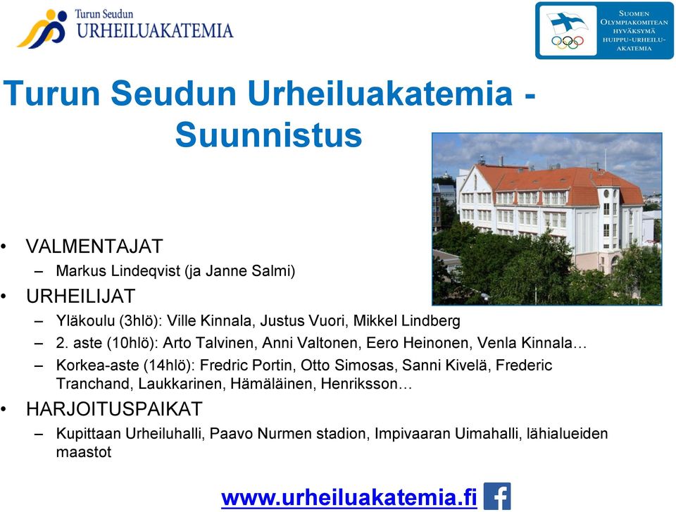 aste (10hlö): Arto Talvinen, Anni Valtonen, Eero Heinonen, Venla Kinnala Korkea-aste (14hlö): Fredric Portin, Otto