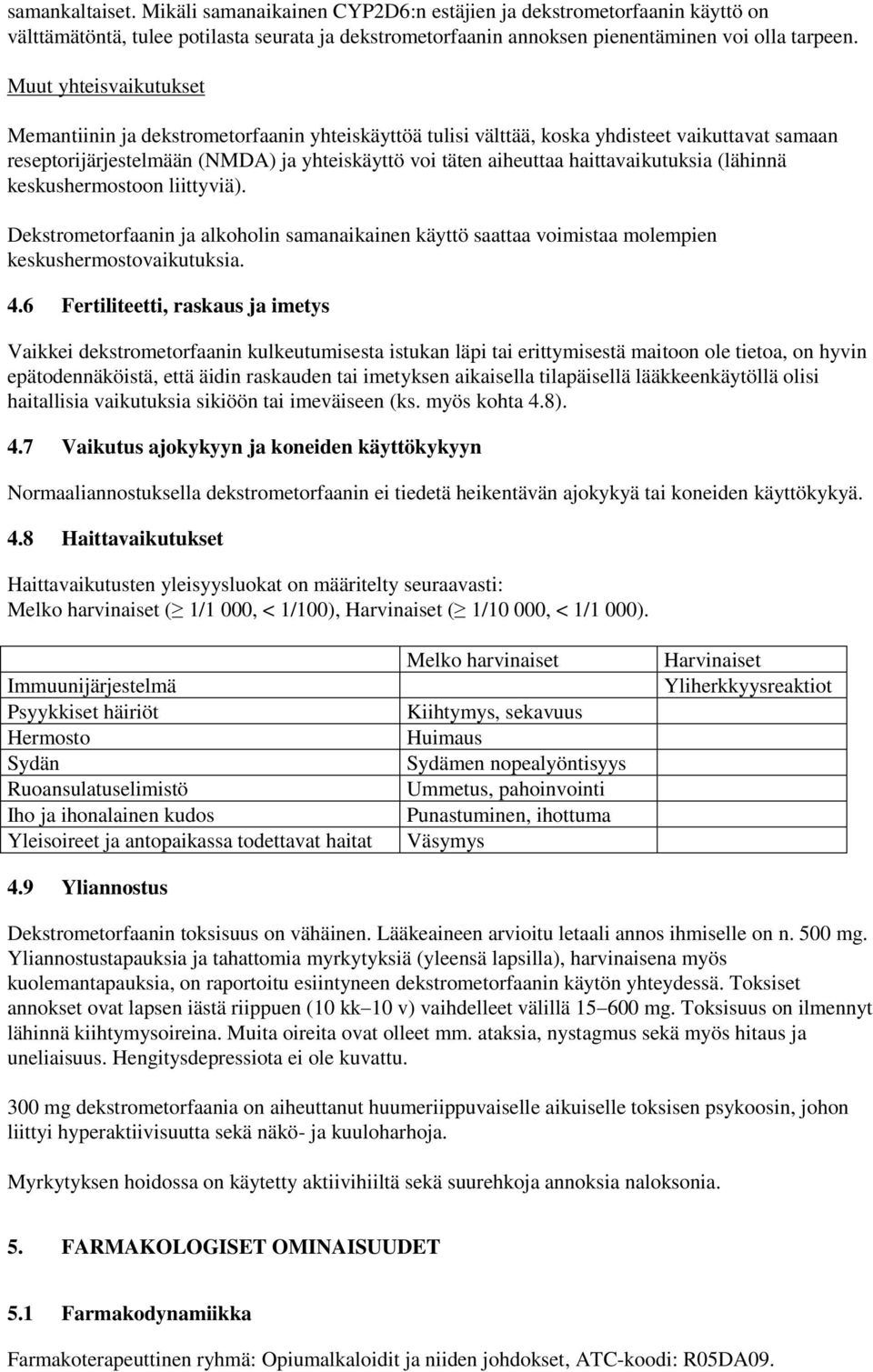 haittavaikutuksia (lähinnä keskushermostoon liittyviä). Dekstrometorfaanin ja alkoholin samanaikainen käyttö saattaa voimistaa molempien keskushermostovaikutuksia. 4.