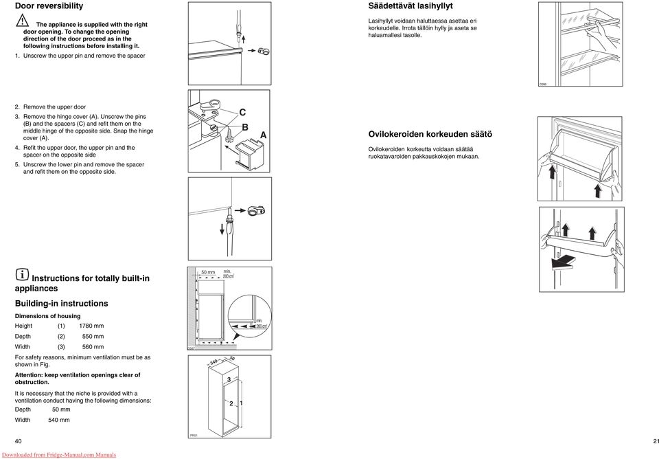Remove the upper door 3. Remove the hinge cover (A). Unscrew the pins (B) and the spacers (C) and refit them on the middle hinge of the opposite side. Snap the hinge cover (A).