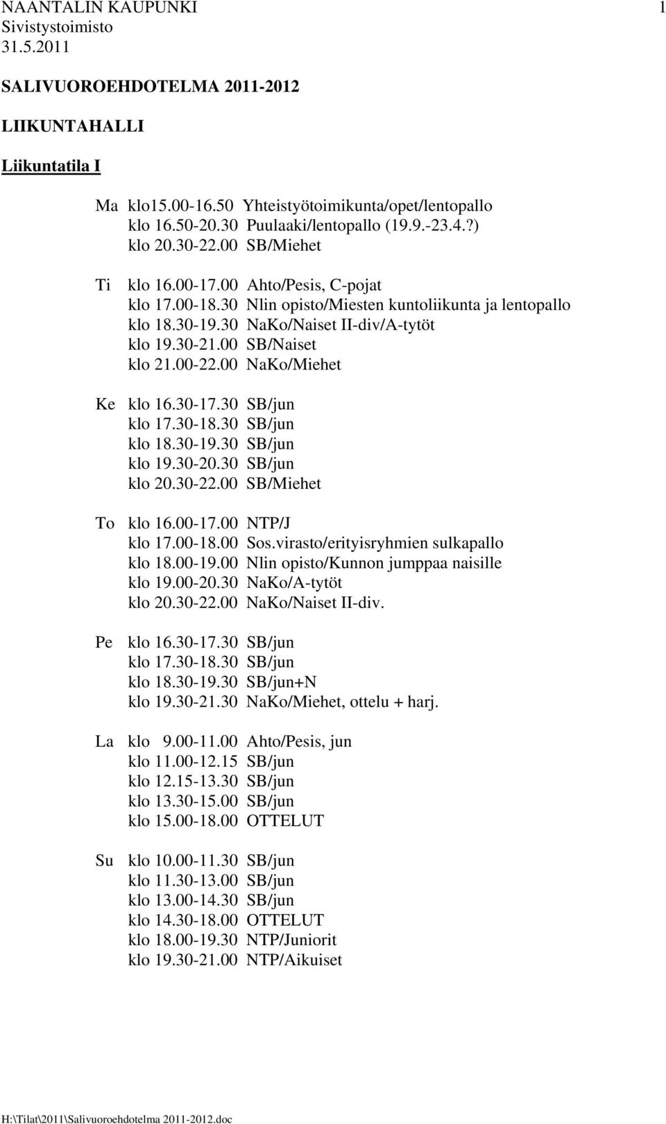 00 NaKo/Miehet Ke klo 16.30-17.30 SB/jun klo 17.30-18.30 SB/jun klo 18.30-19.30 SB/jun klo 19.30-20.30 SB/jun klo 20.30-22.00 SB/Miehet To klo 16.00-17.00 NTP/J klo 17.00-18.00 Sos.