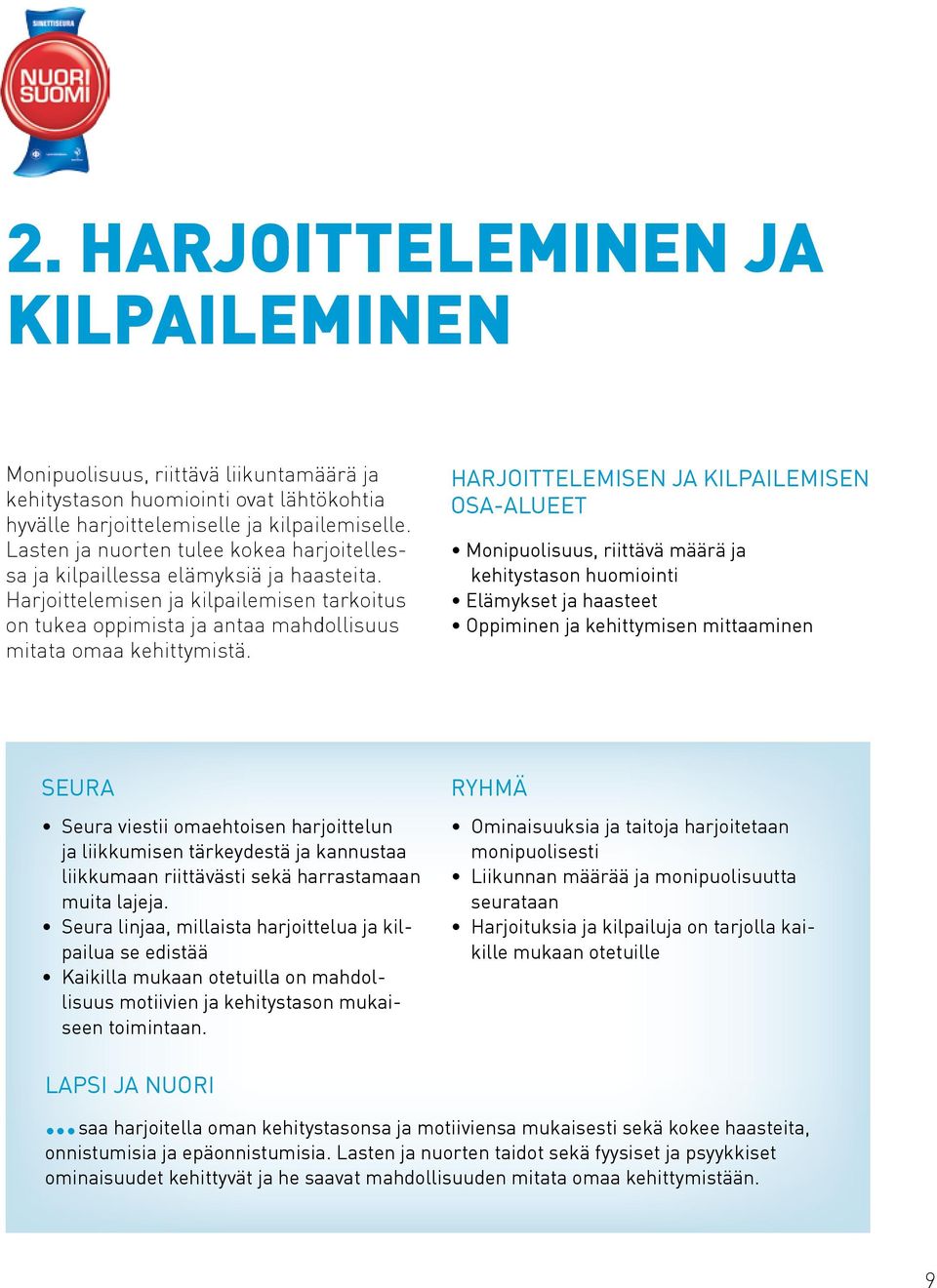 Harjoittelemisen ja kilpailemisen osa-alueet Monipuolisuus, riittävä määrä ja kehitystason huomiointi Elämykset ja haasteet Oppiminen ja kehittymisen mittaaminen Seura Seura viestii omaehtoisen