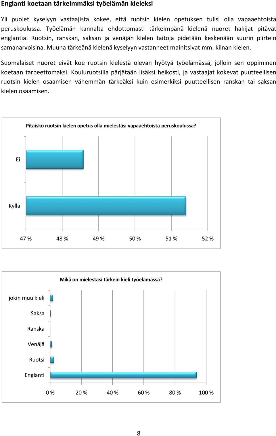 Muuna tärkeänä kielenä kyselyyn vastanneet mainitsivat mm. kiinan kielen. Suomalaiset nuoret eivät koe ruotsin kielestä olevan hyötyä työelämässä, jolloin sen oppiminen koetaan tarpeettomaksi.