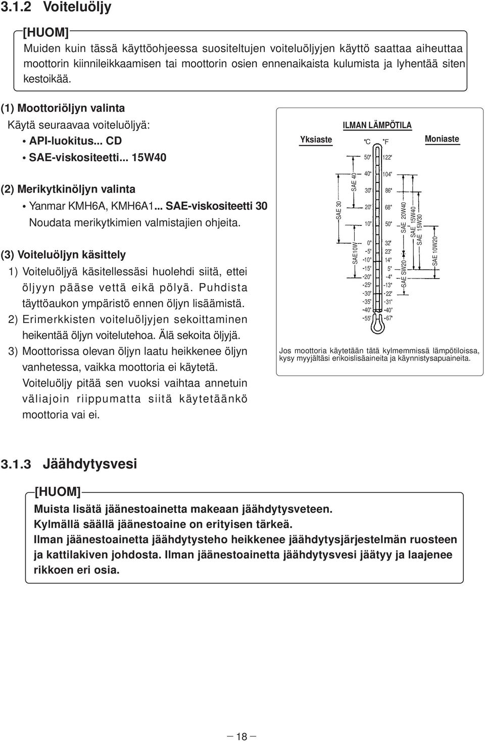 .. SAE-viskositeetti 30 Noudata merikytkimien valmistajien ohjeita. (3) Voiteluöljyn käsittely 1) Voiteluöljyä käsitellessäsi huolehdi siitä, ettei öljyyn pääse vettä eikä pölyä.