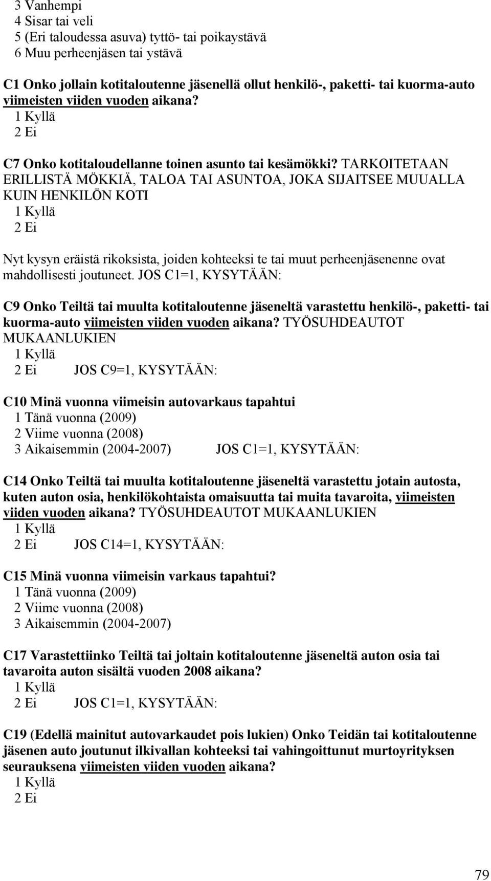 TARKOITETAAN ERILLISTÄ MÖKKIÄ, TALOA TAI ASUNTOA, JOKA SIJAITSEE MUUALLA KUIN HENKILÖN KOTI Nyt kysyn eräistä rikoksista, joiden kohteeksi te tai muut perheenjäsenenne ovat mahdollisesti joutuneet.