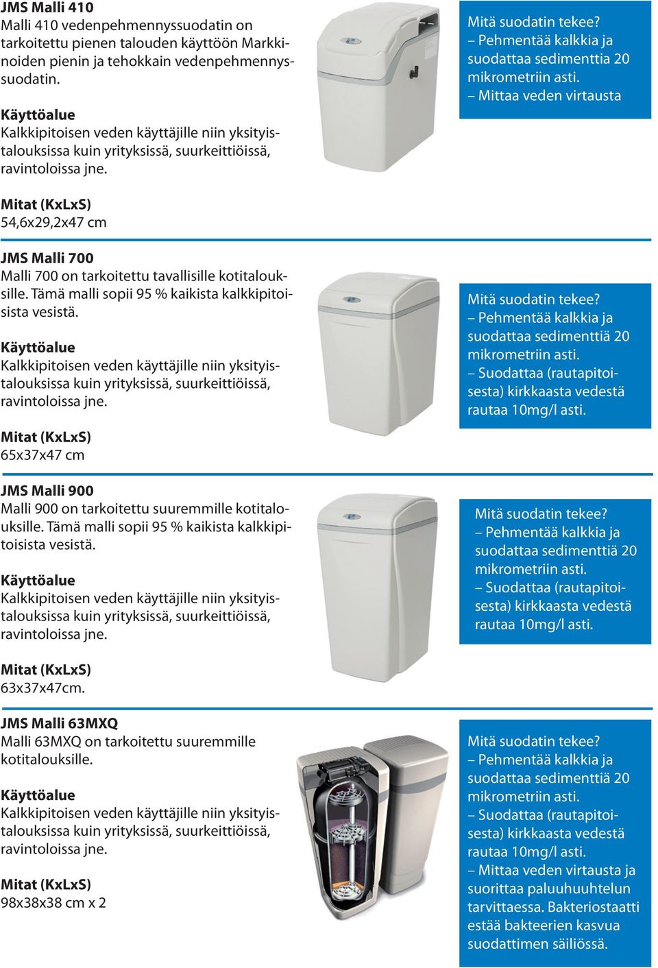 Mittaa veden virtausta 54,6x29,2x47 cm JMS Malli 700 Malli 700 on tarkoitettu tavallisille kotitalouksille. Tämä malli sopii 95 % kaikista kalkkipitoisista vesistä.