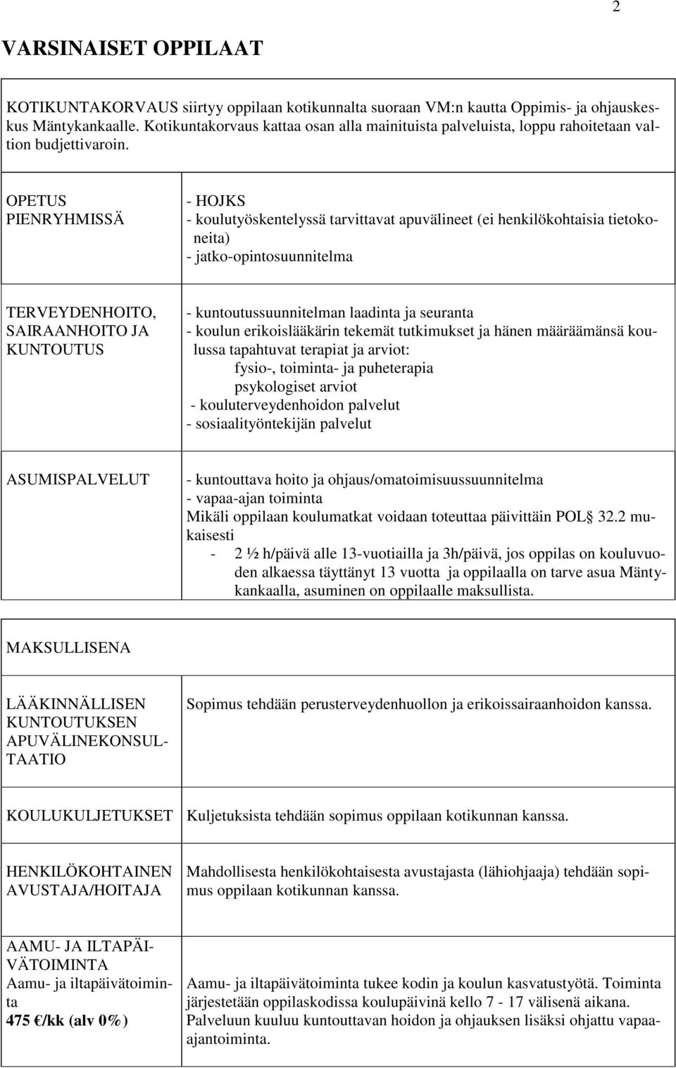 OPETUS PIENRYHMISSÄ - HOJKS - koulutyöskentelyssä tarvittavat apuvälineet (ei henkilökohtaisia tietokoneita) - jatko-opintosuunnitelma TERVEYDENHOITO, SAIRAANHOITO JA KUNTOUTUS -