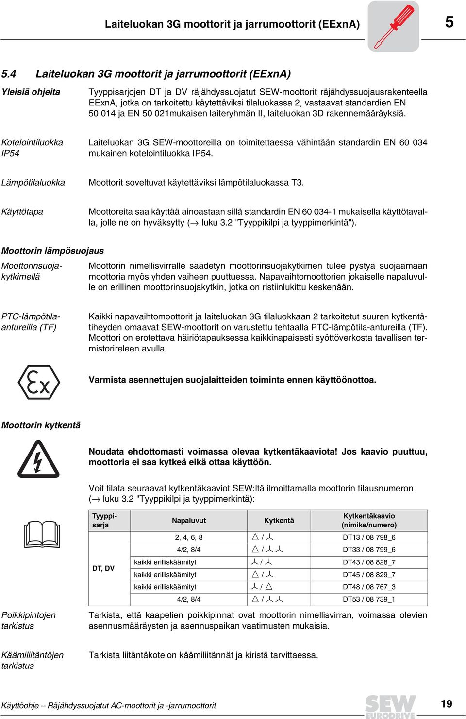 tilaluokassa 2, vastaavat standardien EN 50 01 ja EN 50 021mukaisen laiteryhmän II, laiteluokan 3D rakennemääräyksiä.