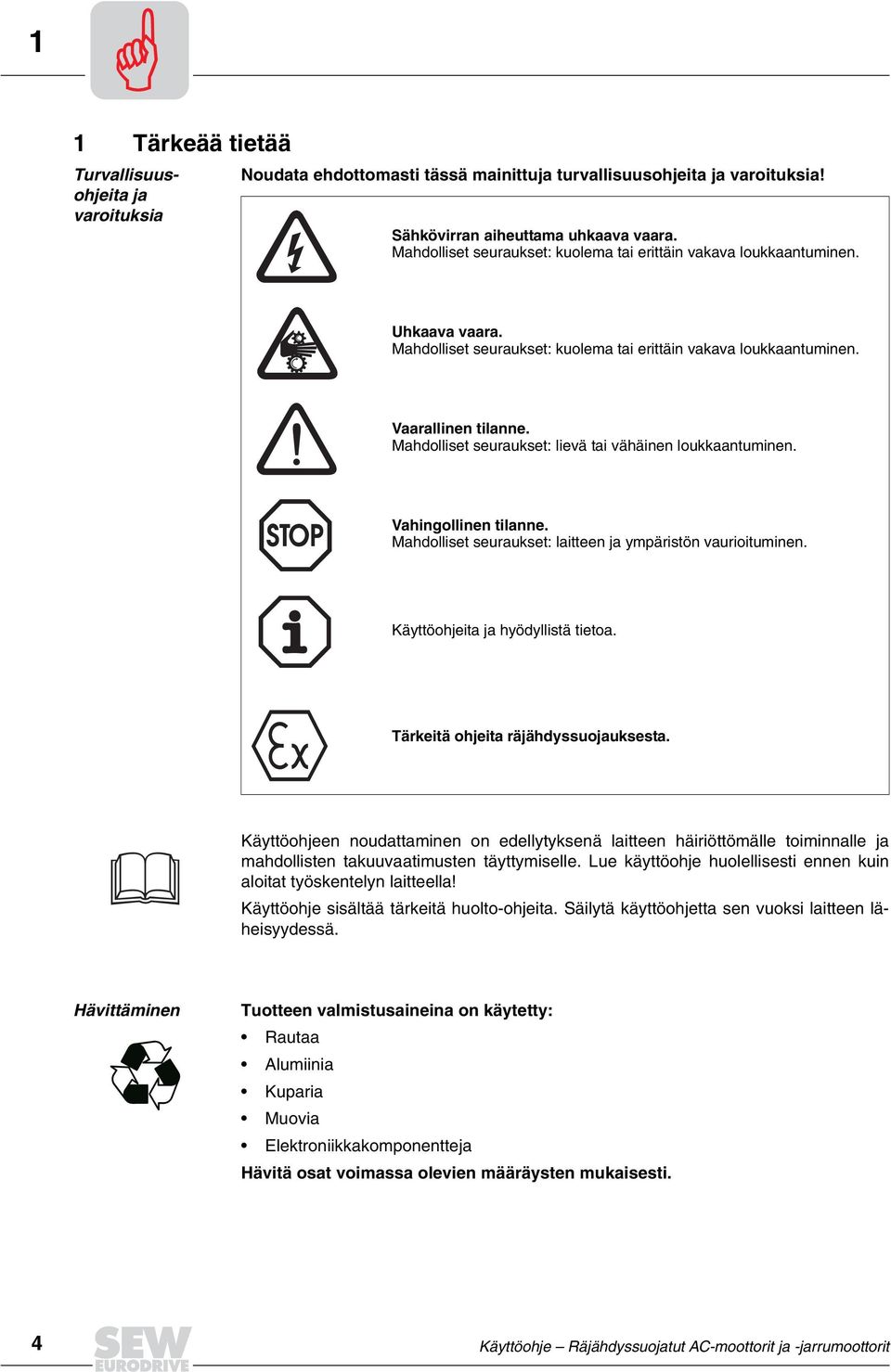 Mahdolliset seuraukset: lievä tai vähäinen loukkaantuminen. Vahingollinen tilanne. Mahdolliset seuraukset: laitteen ja ympäristön vaurioituminen. Käyttöohjeita ja hyödyllistä tietoa.