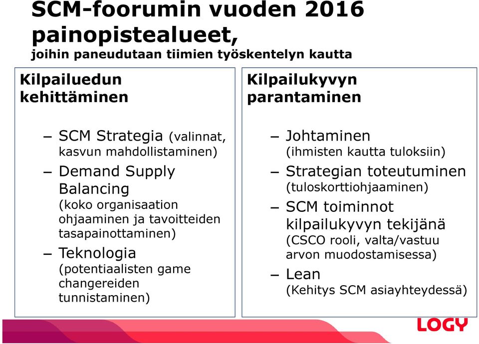 tasapainottaminen) Teknologia (potentiaalisten game changereiden tunnistaminen) Johtaminen (ihmisten kautta tuloksiin) Strategian