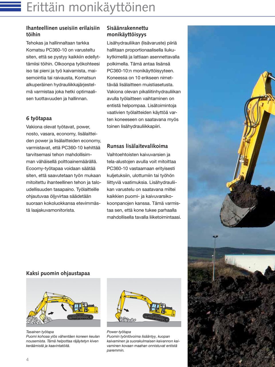 6 työtapaa Vakiona olevat työtavat, power, nosto, vasara, economy, lisälaitteiden power ja lisälaitteiden economy, varmistavat, että PC360-10 kehittää tarvitsemasi tehon mahdollisimman vähäisellä