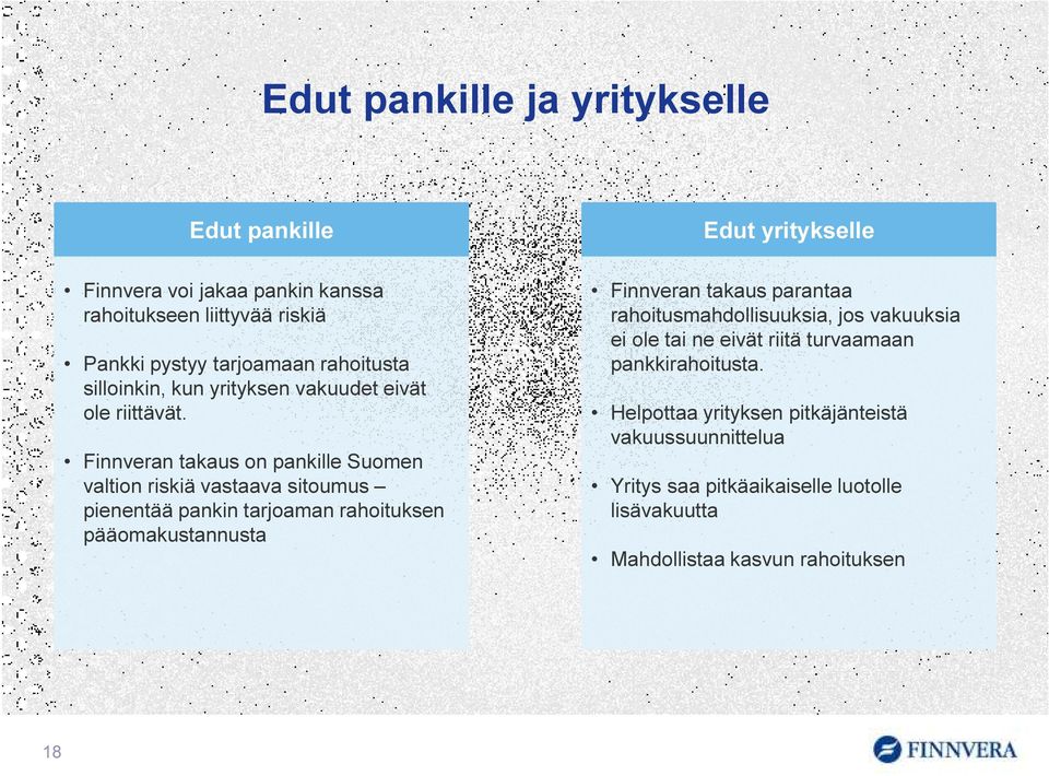 Finnveran takaus on pankille Suomen valtion riskiä vastaava sitoumus pienentää pankin tarjoaman rahoituksen pääomakustannusta Edut yritykselle