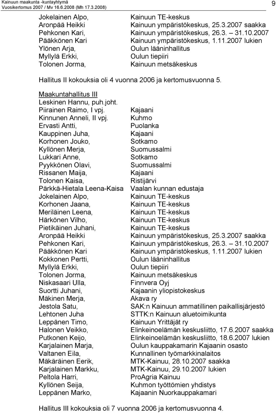 Maakuntahallitus III Leskinen Hannu, puh.joht. Piirainen Raimo, I vpj. Kajaani Kinnunen Anneli, II vpj.