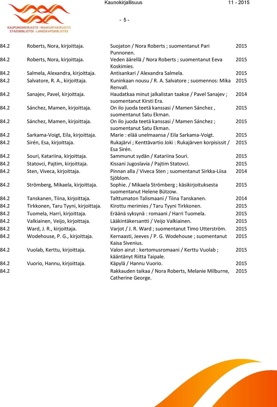 84.2 Sánchez, Mamen, On ilo juoda teetä kanssasi / Mamen Sánchez ; suomentanut Satu Ekman. 84.2 Sarkama-Voigt, Eila, Marie : elää unelmaansa / Eila Sarkama-Voigt. 84.2 Sirén, Esa, Rukajärvi ; Kenttävartio Joki : Rukajärven korpisissit / Esa Sirén.