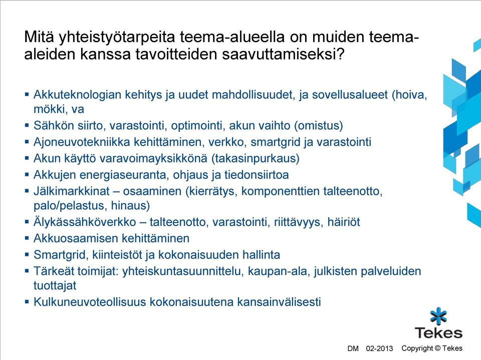 smartgrid ja varastointi Akun käyttö varavoimayksikkönä (takasinpurkaus) Akkujen energiaseuranta, ohjaus ja tiedonsiirtoa Jälkimarkkinat osaaminen (kierrätys, komponenttien talteenotto,