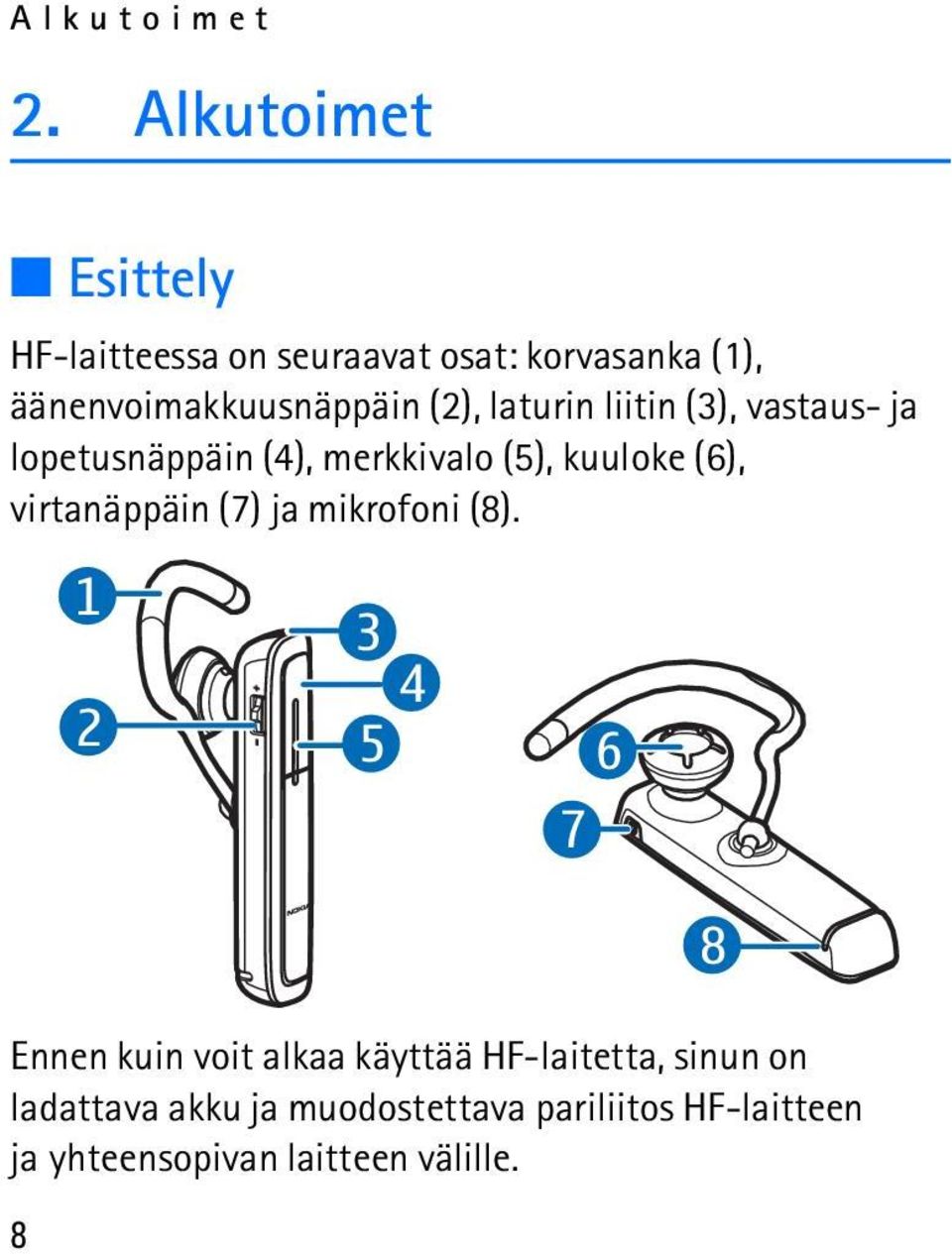 laturin liitin (3), vastaus- ja lopetusnäppäin (4), merkkivalo (5), kuuloke (6), virtanäppäin