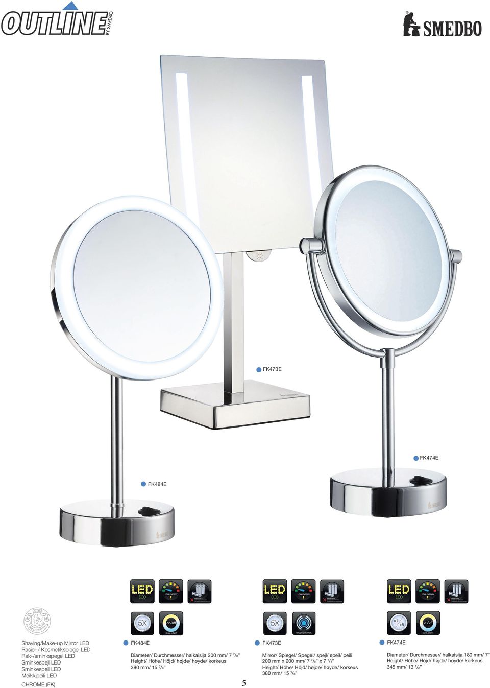 høyde/ korkeus 380 mm/ 15 3/8 Mirror/ Spiegel/ Spegel/ spejl/ speil/ peili 200 mm x 200 mm/ 7 7/8 x 7 7/8 Height/ Höhe/ Höjd/