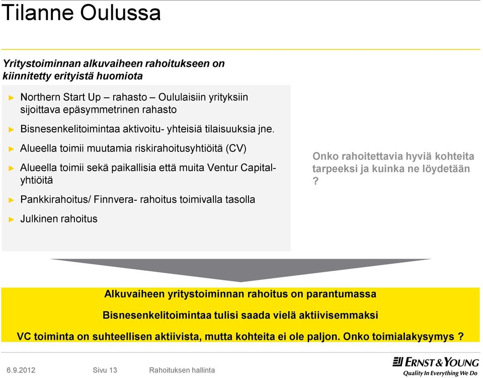 Alueella toimii muutamia riskirahoitusyhtiöitä (CV) Alueella toimii sekä paikallisia että muita Ventur Capitalyhtiöitä Pankkirahoitus/ Finnvera- rahoitus toimivalla tasolla