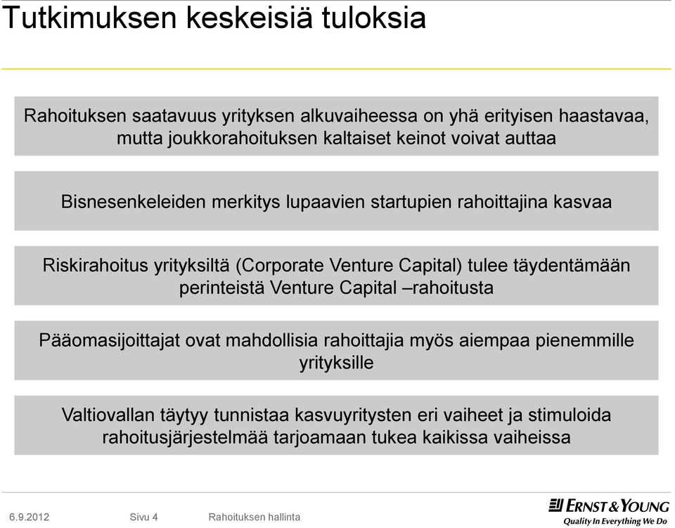 Capital) tulee täydentämään perinteistä Venture Capital rahoitusta Pääomasijoittajat ovat mahdollisia rahoittajia myös aiempaa pienemmille