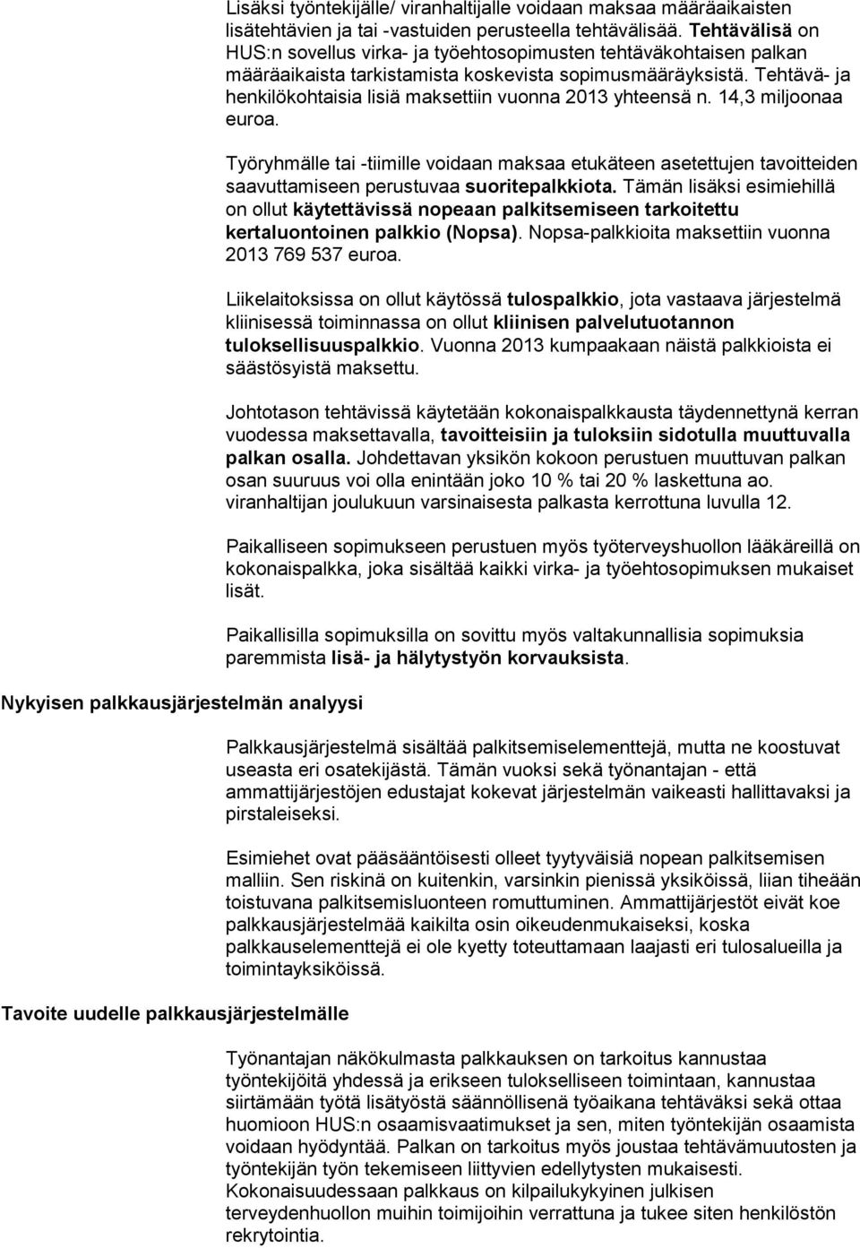 Tehtävä- ja henkilökohtaisia lisiä maksettiin vuonna 2013 yhteensä n. 14,3 miljoonaa euroa.