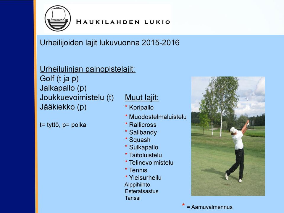 poika * Muodostelmaluistelu * Rallicross * Salibandy * Squash * Sulkapallo *