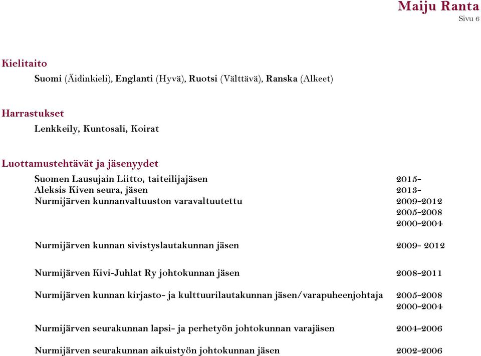 Nurmijärven kunnan sivistyslautakunnan jäsen 2009-2012 Nurmijärven Kivi-Juhlat Ry johtokunnan jäsen 2008-2011 Nurmijärven kunnan kirjasto- ja kulttuurilautakunnan