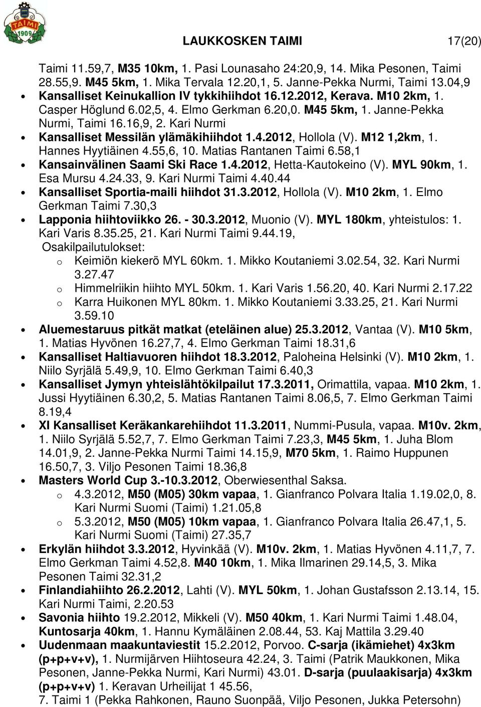 Kari Nurmi Kansalliset Messilän ylämäkihiihdot 1.4.2012, Hollola (V). M12 1,2km, 1. Hannes Hyytiäinen 4.55,6, 10. Matias Rantanen Taimi 6.58,1 Kansainvälinen Saami Ski Race 1.4.2012, Hetta-Kautokeino (V).