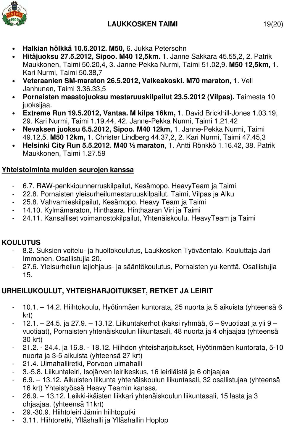 33,5 Pornaisten maastojuoksu mestaruuskilpailut 23.5.2012 (Vilpas). Taimesta 10 juoksijaa. Extreme Run 19.5.2012, Vantaa. M kilpa 16km, 1. David Brickhill-Jones 1.03.19, 29. Kari Nurmi, Taimi 1.19.44, 42.