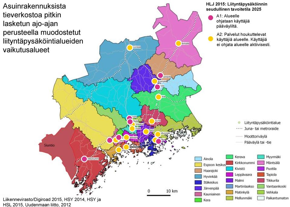 2025 A1: Alueelle ohjataan käyttäjiä pääväyliltä. A2: Palvelut houkuttelevat käyttäjiä alueelle.