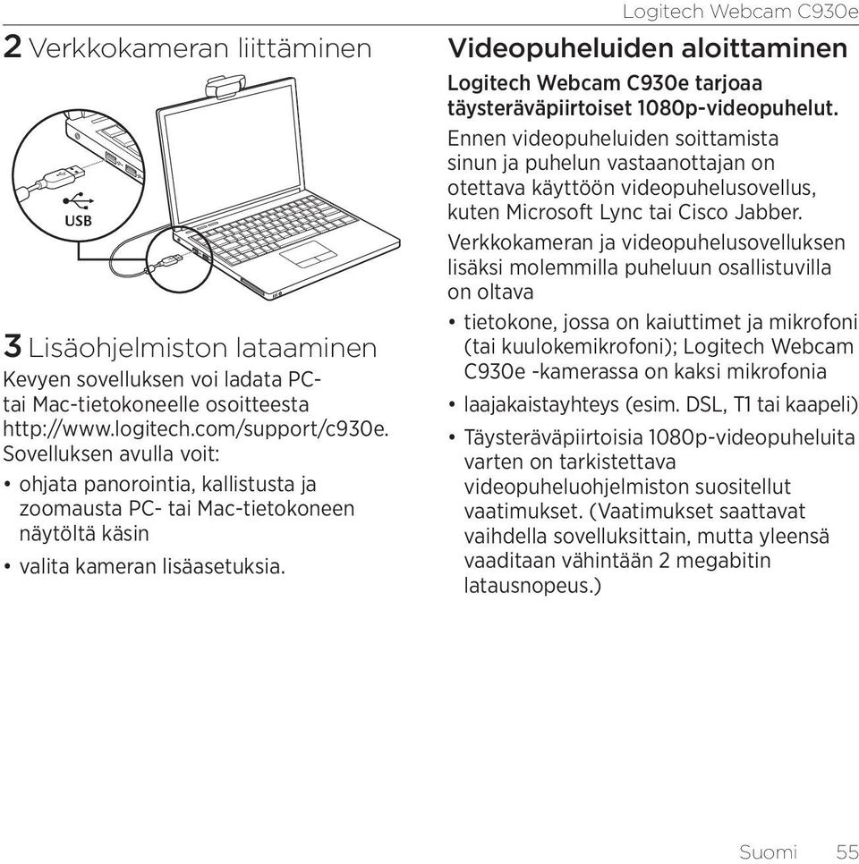 Logitech Webcam C930e Videopuheluiden aloittaminen Logitech Webcam C930e tarjoaa täysteräväpiirtoiset 1080p-videopuhelut.