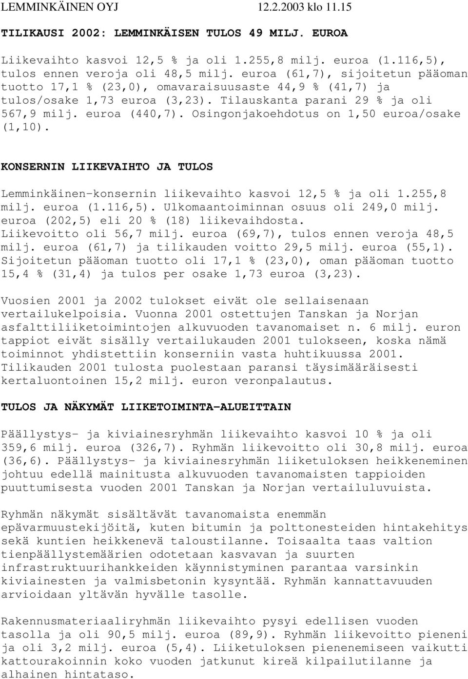 Osingonjakoehdotus on 1,50 euroa/osake (1,10). KONSERNIN LIIKEVAIHTO JA TULOS Lemminkäinen-konsernin liikevaihto kasvoi 12,5 % ja oli 1.255,8 milj. euroa (1.116,5).