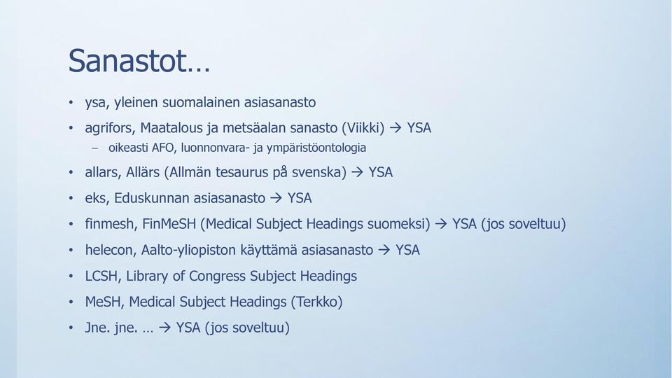 finmesh, FinMeSH (Medical Subject Headings suomeksi) YSA (jos soveltuu) helecon, Aalto-yliopiston käyttämä