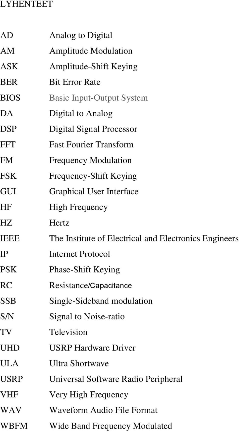 Interface High Frequency Hertz The Institute of Electrical and Electronics Engineers Internet Protocol Phase-Shift Keying Resistance/Capacitance Single-Sideband modulation