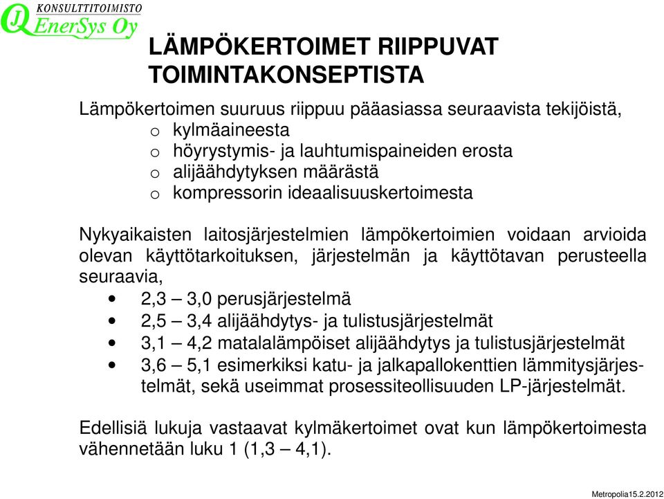 käyttötavan perusteella seuraavia, 2,3 3,0 perusjärjestelmä 2,5 3,4 alijäähdytys- ja tulistusjärjestelmät 3,1 4,2 matalalämpöiset alijäähdytys ja tulistusjärjestelmät 3,6 5,1