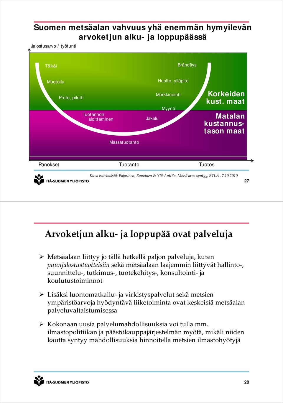 2010 27 Arvoketjun alku ja loppupää ovat palveluja Metsäalaan liittyy jo tällä hetkellä paljon palveluja, kuten puunjalostustuotteisiin sekä metsäalaan laajemmin liittyvät hallinto, suunnittelu,