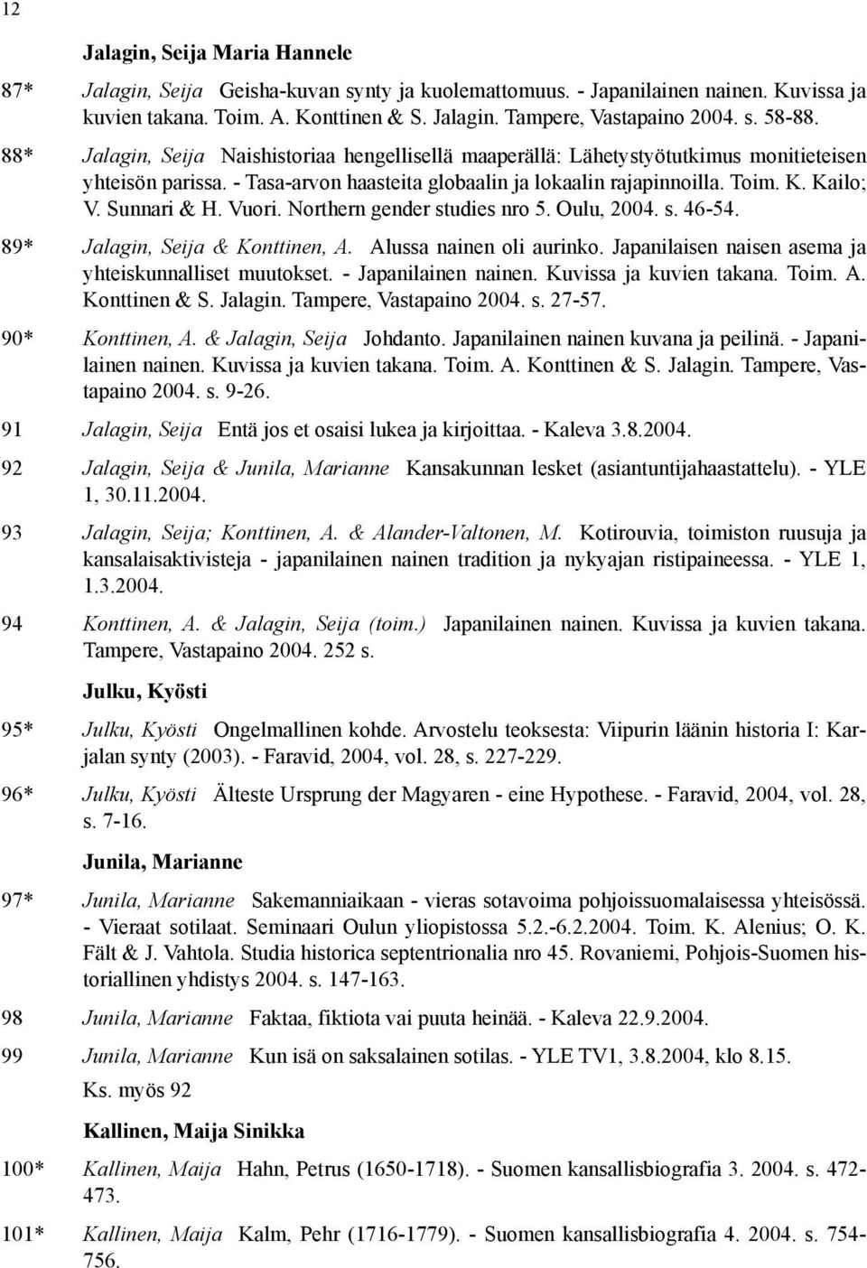 Sunnari & H. Vuori. Northern gender studies nro 5. Oulu, 2004. s. 46-54. 89* Jalagin, Seija & Konttinen, A. Alussa nainen oli aurinko. Japanilaisen naisen asema ja yhteiskunnalliset muutokset.