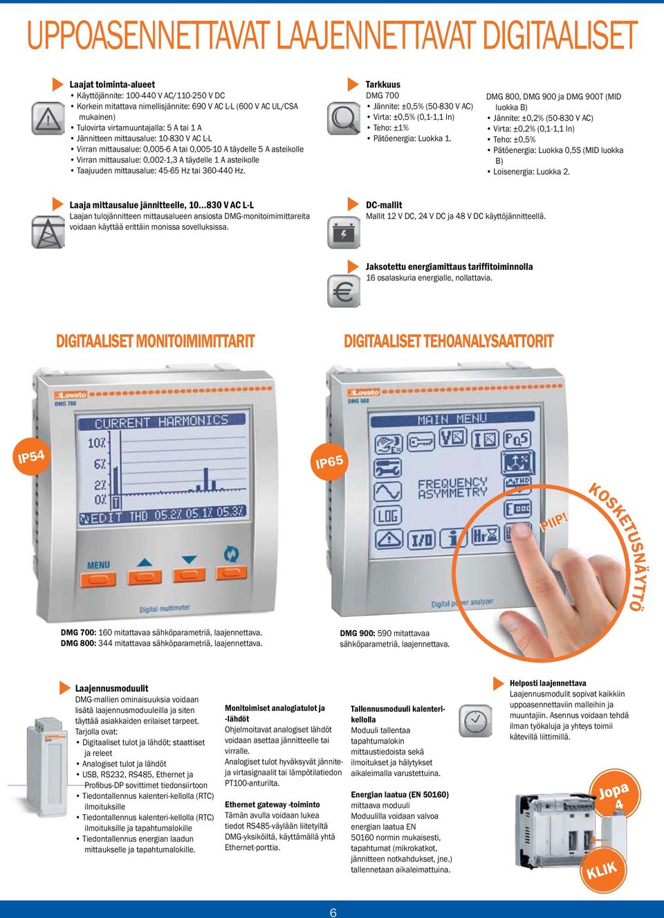 asteikolle Taajuuden mittausalue: 45-65 Hz tai 360-440 Hz. Tarkkuus DMG 700 Jännite: ±0,5% (50-830 V AC) Virta: ±0,5% (0,1-1,1 In) Teho: ±1% Pätöenergia: Luokka 1.