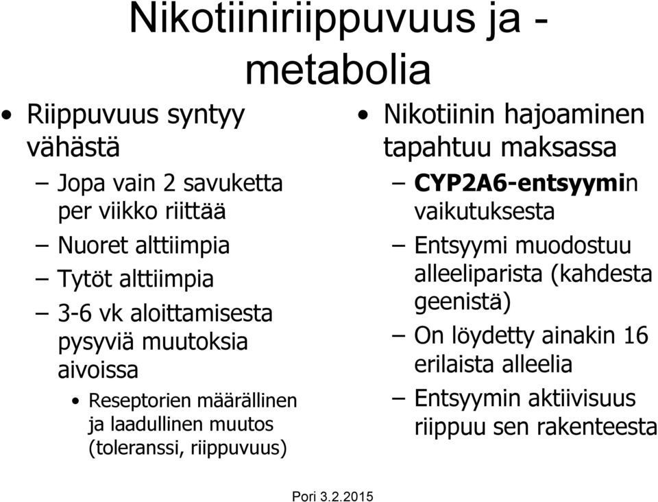 muutos (toleranssi, riippuvuus) Nikotiinin hajoaminen tapahtuu maksassa CYP2A6-entsyymin vaikutuksesta Entsyymi