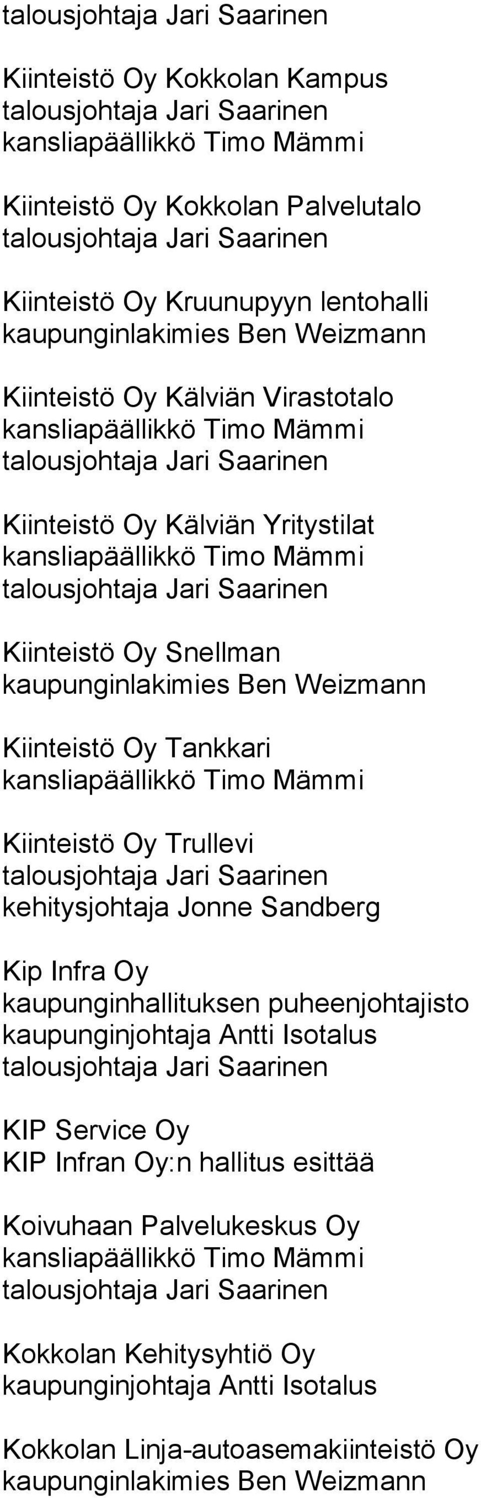 Snellman Kiinteistö Oy Tankkari Kiinteistö Oy Trullevi Kip Infra Oy KIP Service Oy KIP Infran