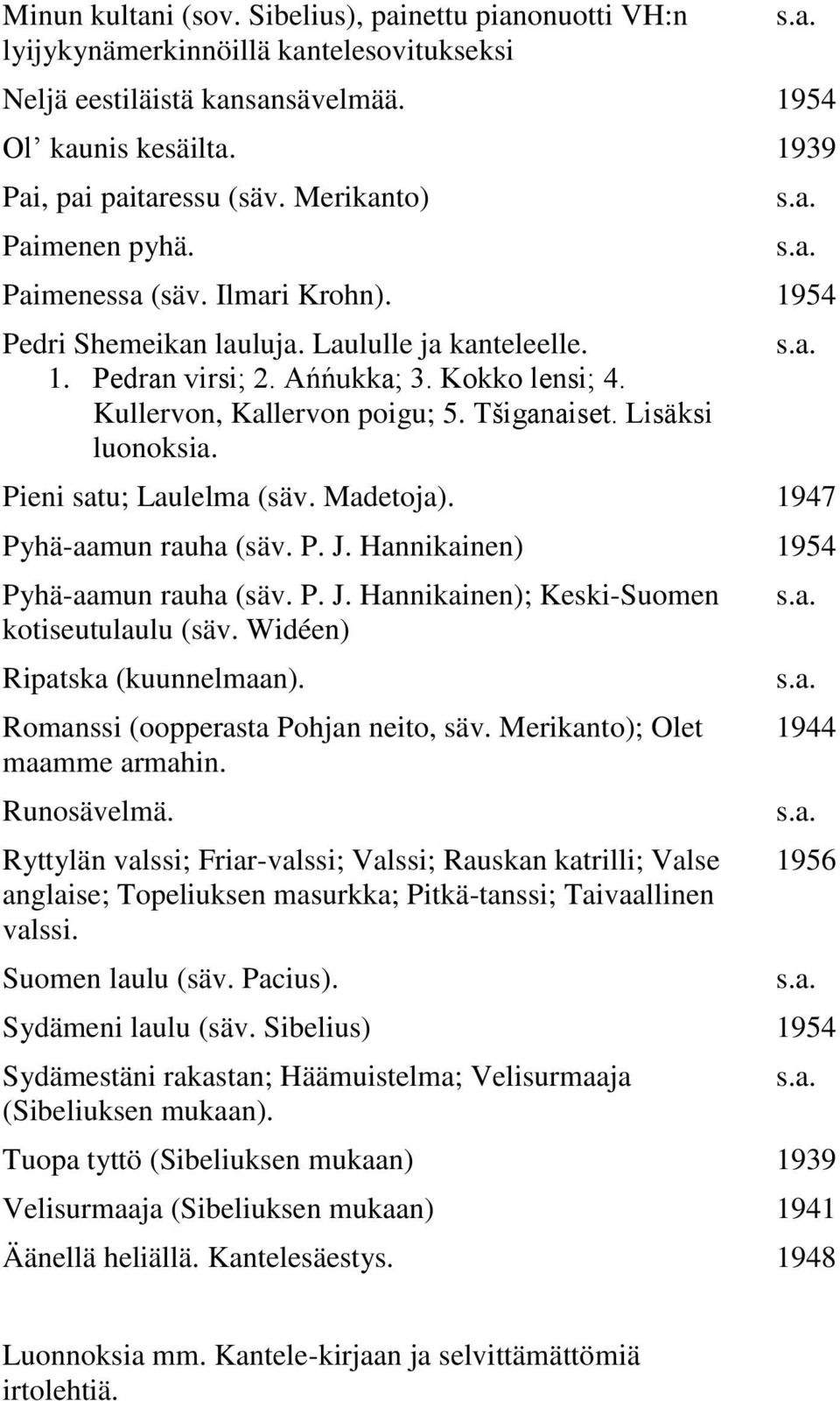 Tšiganaiset. Lisäksi luonoksia. Pieni satu; Laulelma (säv. Madetoja). 1947 Pyhä-aamun rauha (säv. P. J. Hannikainen) 1954 Pyhä-aamun rauha (säv. P. J. Hannikainen); Keski-Suomen kotiseutulaulu (säv.