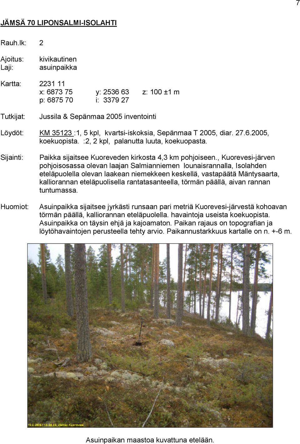 Sepänmaa T 2005, diar. 27.6.2005, koekuopista. :2, 2 kpl, palanutta luuta, koekuopasta. Huomiot: Paikka sijaitsee Kuoreveden kirkosta 4,3 km pohjoiseen.