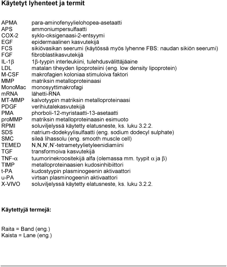 low density lipoprotein) M CSF makrofagien koloniaa stimuloiva faktori MMP matriksin metalloproteinaasi MonoMac monosyyttimakrofagi mrna lähetti RNA MT MMP kalvotyypin matriksin metalloproteinaasi